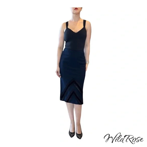 ROLAND MOURET NAVY BLUE BLACK LAC3 & VELVET PENCIL SKIRT SZ US 10 - Picture 8 of 17